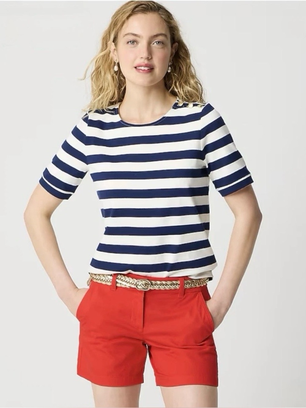NWT! J Crew Factory Short-Sleeve Nautical Navy/Ivory Button Shoulder Top/Reg $59